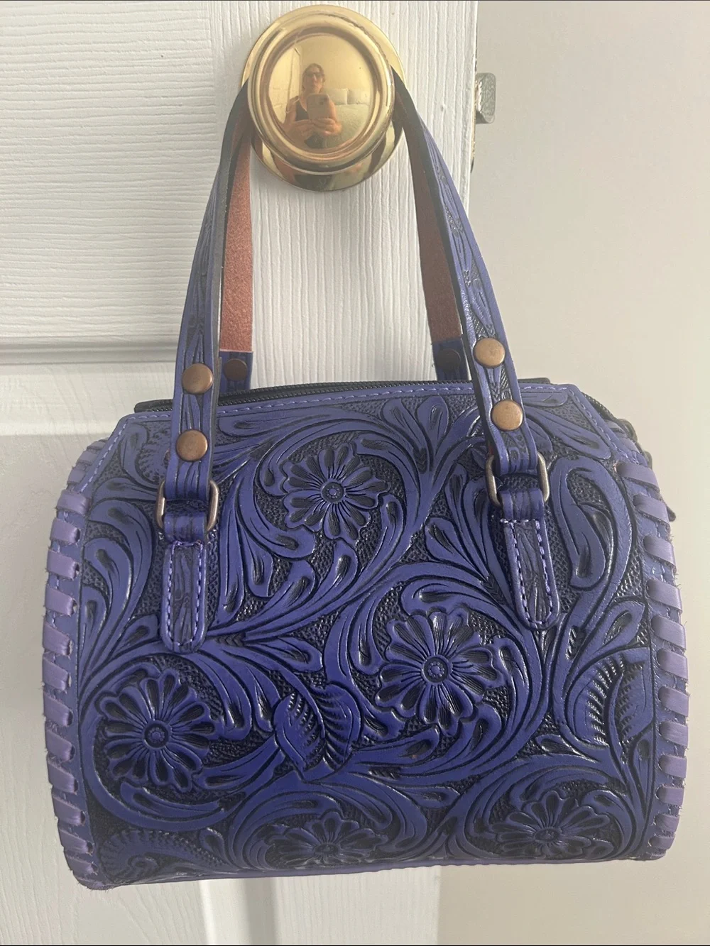 Hand-Tooled Floral Leather Satchel - Purple